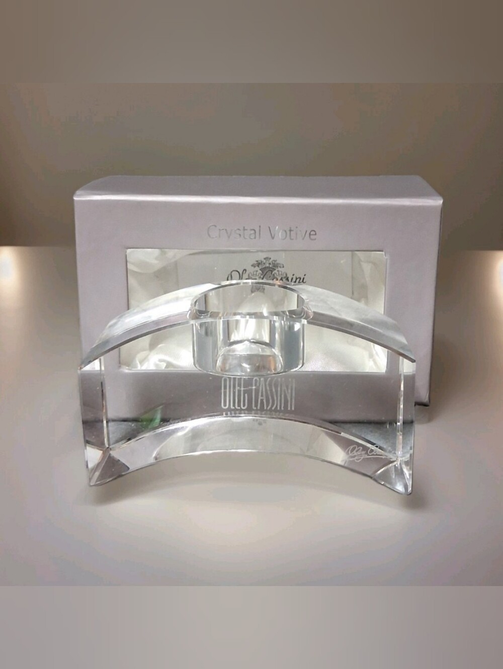 NIB Oleg Cassini Crystal Votive Candle Holder  CONVEX Etched Signature